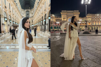 hande ercel beyaz mini elbisesi ile milanoda